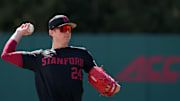 Mar 1, 2025; Stanford, CA, USA; Stanford Cardinal pitcher Aidan Keenan (24) warms up before the game against the Xavier Musketeers at Sunken Diamond. Mandatory Credit: Darren Yamashita-Imagn Images