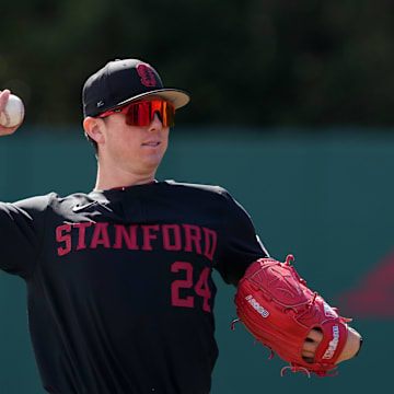 Mar 1, 2025; Stanford, CA, USA; Stanford Cardinal pitcher Aidan Keenan (24) warms up before the game against the Xavier Musketeers at Sunken Diamond. Mandatory Credit: Darren Yamashita-Imagn Images