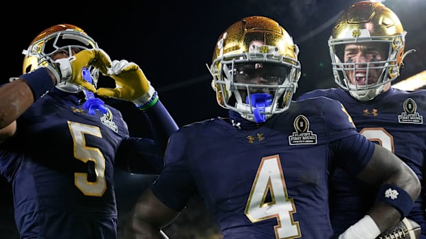 Notre Dame Fighting Irish running back Jeremiyah Love (4) celebrates after scoring a touchdown during the first half of a gam