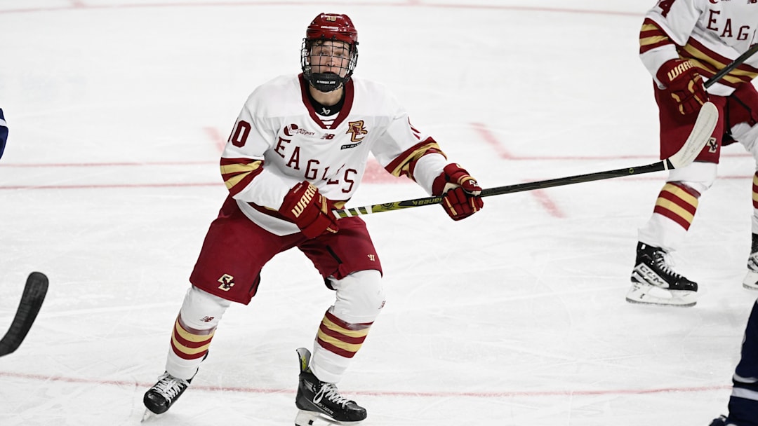 Feb 28, 2025; Chestnut Hill, MA, USA; Boston College forward James Hagens (10) skates against the University of New Hampshire Wildcats during the second period at Conte Forum. Mandatory Credit: Eric Canha-Imagn Images