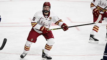 Feb 28, 2025; Chestnut Hill, MA, USA; Boston College forward James Hagens (10) skates against the University of New Hampshire Wildcats during the second period at Conte Forum. Mandatory Credit: Eric Canha-Imagn Images