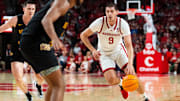 Nov 9, 2024; Lincoln, Nebraska, USA; Nebraska Cornhuskers forward Berke Buyuktuncel (9) drives against the Bethune-Cookman Wildcats during the first half at Pinnacle Bank Arena.