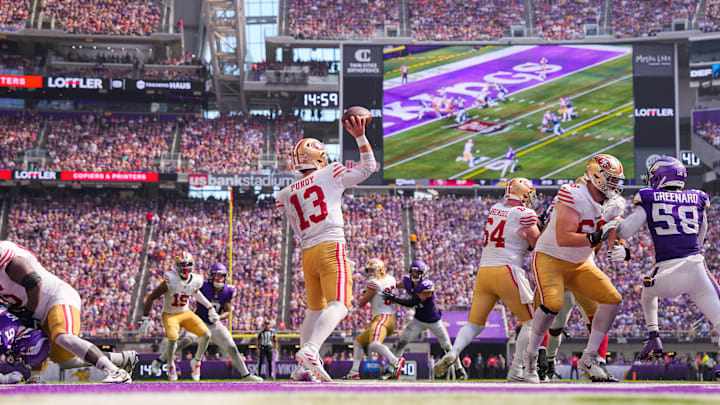 Sep 15, 2024; Minneapolis, Minnesota, USA; San Francisco 49ers quarterback Brock Purdy (13) passes against the Minnesota Vikings in the fourth quarter at U.S. Bank Stadium. Mandatory Credit: Brad Rempel-Imagn Images