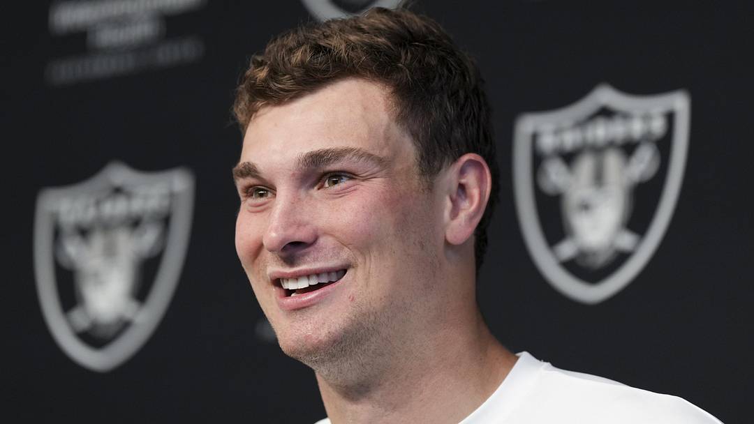 Las Vegas Raiders quarterback Fernando Mendoza speaks during a news conference at the team’s Rookie Minicamp.