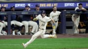 Milwaukee Brewers outfielder Christian Yelich (22) runs after hitting a single during their game against the Pittsburgh Pirates Tuesday, July 9, 2024 at American Family Field in Milwaukee, Wisconsin.