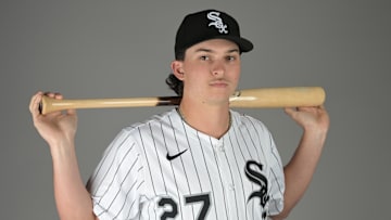 Feb 20, 2025; Glendale, AZ, USA;  Chicago White Sox second baseman Brooks Baldwin (27) poses for a photo on media day at the team’s spring training facility in Glendale, AZ.  Mandatory Credit: Jayne Kamin-Oncea-Imagn Images
