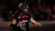 Cincinnati Bearcats quarterback Brendan Sorsby (2) looks to throw in the first quarter of the NCAA football game between Cincinnati Bearcats and TCU Horned Frogs at Nippert Stadium in Cincinnati on Saturday, Nov. 30, 2024.