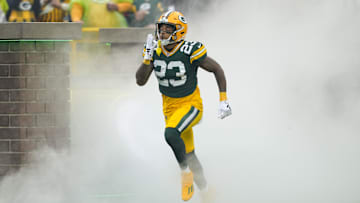 Oct 13, 2024; Green Bay, Wisconsin, USA;  Green Bay Packers cornerback Jaire Alexander (23) prior to the game against the Arizona Cardinals at Lambeau Field. Mandatory Credit: Jeff Hanisch-Imagn Images