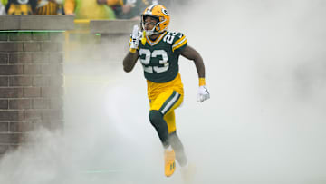 Oct 13, 2024; Green Bay, Wisconsin, USA;  Green Bay Packers cornerback Jaire Alexander (23) prior to the game against the Arizona Cardinals at Lambeau Field. Mandatory Credit: Jeff Hanisch-Imagn Images