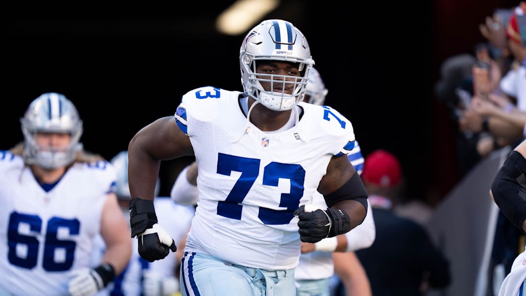 October 8, 2023; Santa Clara, California, USA; Dallas Cowboys offensive tackle Tyler Smith (73) before the game against the San Francisco 49ers at Levi's Stadium. Mandatory Credit: Kyle Terada-Imagn Images