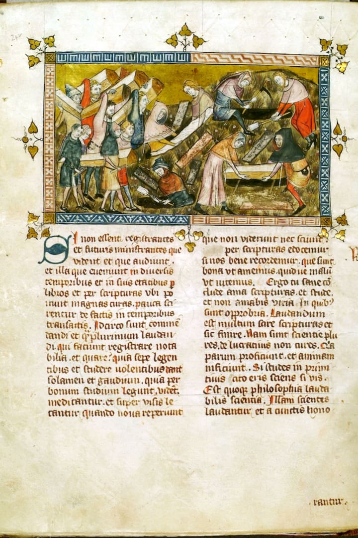A miniature painting by Piérart dou Tielt in Gilles li Muisis’s ‘Antiquitates Flandriae,’ published in 1349, shows villagers 