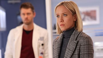 CHICAGO MED -- "Row Row Row Your Boat on a Rocky Sea" Episode 09001 -- Pictured: (l-r) Luke Mitchell as Dr. Mitch Ripley, Jessy Schram as Dr. Hannah Asher -- (Photo by: George Burns Jr/NBC)