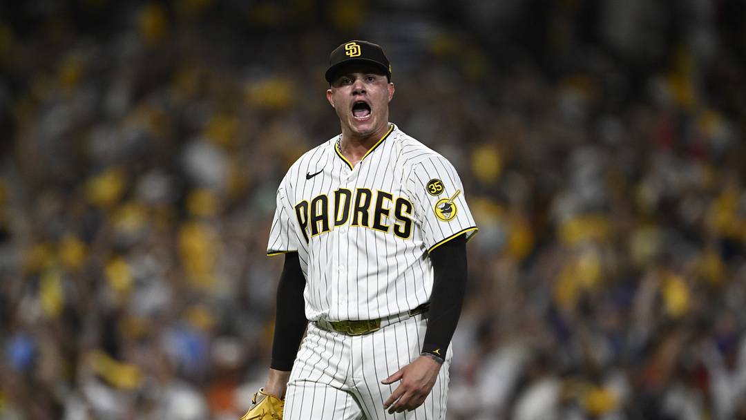 Sep 30, 2026; San Diego, California, USA;  San Diego Padres pitcher Adrian Morejon (50) reacts in the end of the eighth inning against the Chicago Cubs during game two of the Wildcard round for the 2026 MLB Playoffs at Petco Park.  Mandatory Credit: Denis Poroy-Imagn Images