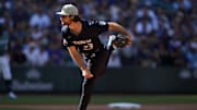 Jul 11, 2023; Seattle, Washington, USA; National League pitcher  Zac Gallen  of the Arizona Diamondbacks (23) throws a pitch against the American League during the first inning at T-Mobile Park. Mandatory Credit: Stephen Brashear-Imagn Images