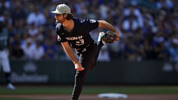 Jul 11, 2023; Seattle, Washington, USA; National League pitcher  Zac Gallen  of the Arizona Diamondbacks (23) throws a pitch against the American League during the first inning at T-Mobile Park. Mandatory Credit: Stephen Brashear-Imagn Images