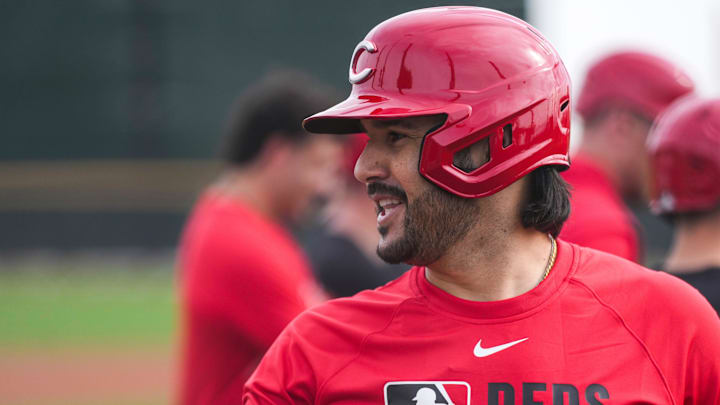 Cincinnati Reds infielder Eugenio Suárez (28) joins the batting practice group at the Cincinnati Reds player development complex in Goodyear, Ariz., on Wednesday, Feb. 11, 2026.