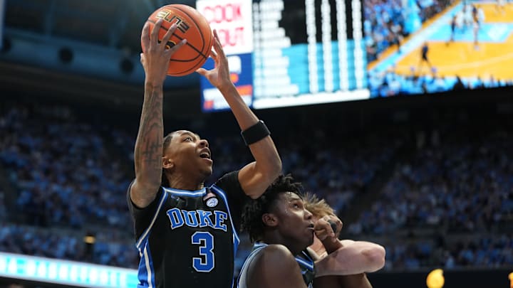 Feb 7, 2026; Chapel Hill, North Carolina, USA; Duke Blue Devils guard Isaiah Evans (3) shoots.