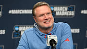 Mar 19, 2025; Providence, RI, USA; Kansas Jayhawks head coach Bill Self speaks to the media during a press conference at Amica Mutual Pavilion. Mandatory Credit: Eric Canha-Imagn Images