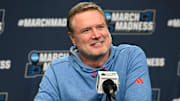 Mar 19, 2025; Providence, RI, USA; Kansas Jayhawks head coach Bill Self speaks to the media during a press conference at Amica Mutual Pavilion. Mandatory Credit: Eric Canha-Imagn Images