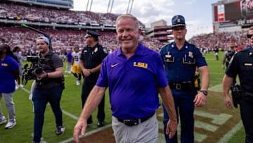 Sep 14, 2024; Columbia, South Carolina, USA; LSU Tigers head coach Brian Kelly smiles after defeating the South Carolina Gamecocks at Williams-Brice Stadium. Mandatory Credit: Scott Kinser-Imagn Images