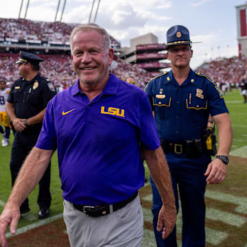 Sep 14, 2024; Columbia, South Carolina, USA; LSU Tigers head coach Brian Kelly smiles after defeating the South Carolina Gamecocks at Williams-Brice Stadium. Mandatory Credit: Scott Kinser-Imagn Images