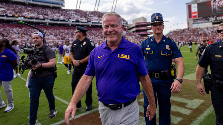 Sep 14, 2024; Columbia, South Carolina, USA; LSU Tigers head coach Brian Kelly smiles after defeating the South Carolina Gamecocks at Williams-Brice Stadium. Mandatory Credit: Scott Kinser-Imagn Images