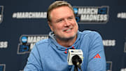 Mar 19, 2025; Providence, RI, USA; Kansas Jayhawks head coach Bill Self speaks to the media during a press conference at Amica Mutual Pavilion. Mandatory Credit: Eric Canha-Imagn Images
