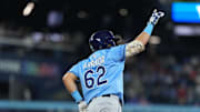 Tampa Bay Rays first baseman Jonathan Aranda (62) runs the bases after hitting a  home run against the Toronto Blue Jays.