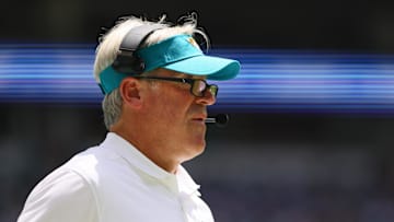 Sep 8, 2024; Miami Gardens, Florida, USA; Jacksonville Jaguars head coach Doug Pederson looks on from the sideline against the Miami Dolphins during the first quarter at Hard Rock Stadium. Mandatory Credit: Sam Navarro-Imagn Images