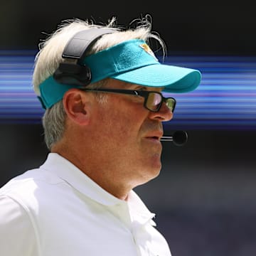 Sep 8, 2024; Miami Gardens, Florida, USA; Jacksonville Jaguars head coach Doug Pederson looks on from the sideline against the Miami Dolphins during the first quarter at Hard Rock Stadium. Mandatory Credit: Sam Navarro-Imagn Images