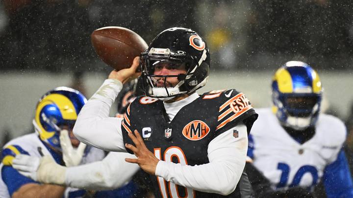 Jan 18, 2026; Chicago, IL, USA; Chicago Bears quarterback Caleb Williams (18) throws a pass against the Los Angeles Rams during the third quarter of an NFC Divisional Round game at Soldier Field. Mandatory Credit: Matt Marton-Imagn Images