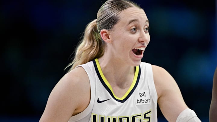 Sep 11, 2025; Arlington, Texas, USA; Dallas Wings guard Paige Bueckers (5) celebrates during the second half against the Phoenix Mercury at College Park Center. Mandatory Credit: Jerome Miron-Imagn Images Sep 11, 2025; Arlington, Texas, USA; Dallas Wings guard Paige Bueckers (5) celebrates during the second half against the Phoenix Mercury at College Park Center. Mandatory Credit: Jerome Miron-Imagn Images