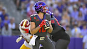 Nov 8, 2025; Fort Worth, Texas, USA; TCU Horned Frogs quarterback Josh Hoover (10) throws the ball during the first half against the Iowa State Cyclones at Amon G. Carter Stadium. Mandatory Credit: Jerome Miron-Imagn Images
