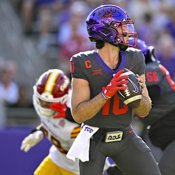 Nov 8, 2025; Fort Worth, Texas, USA; TCU Horned Frogs quarterback Josh Hoover (10) throws the ball during the first half against the Iowa State Cyclones at Amon G. Carter Stadium. Mandatory Credit: Jerome Miron-Imagn Images