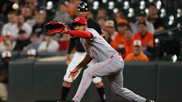 Apr 18, 2025; Baltimore, Maryland, USA; Cincinnati Reds third baseman Jeimer Candelario (3) catches the ball during the third inning against the Baltimore Orioles at Oriole Park at Camden Yards. Mandatory Credit: Reggie Hildred-Imagn Images