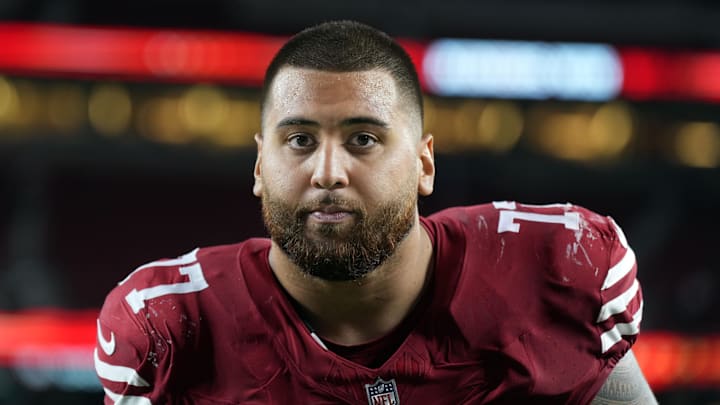 Sep 9, 2024; Santa Clara, California, USA; San Francisco 49ers guard Dominick Puni (77) after defeating the New York Jets at Levi's Stadium. Mandatory Credit: Darren Yamashita-Imagn Images
