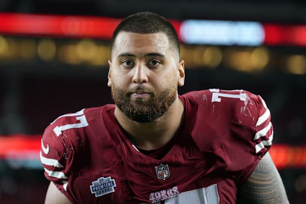 San Francisco 49ers guard Dominick Puni (77) after defeating the New York Jets at Levi's Stadium. Mandatory Credit: Darren Ya