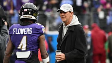 Jan 28, 2024; Baltimore, Maryland, USA; Baltimore Ravens ower Steve Bisciotti (right) talks with Baltimore Ravens wide receiver Zay Flowers (4) prior to the AFC Championship football game against the Kansas City Chiefs at M&T Bank Stadium. Mandatory Credit: Tommy Gilligan-Imagn Images