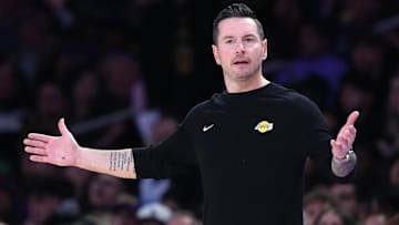 Los Angeles Lakers coach JJ Redick reacts in the second half against the San Antonio Spurs at Crypto.com Arena.