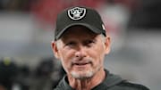 Dec 3, 2021; Las Vegas, NV, USA; Las Vegas Raiders general manager Mike Mayock reacts during the 2021 Pac-12 Championship Game at Allegiant Stadium. Mandatory Credit: Kirby Lee-Imagn Images