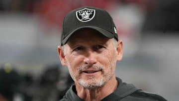 Dec 3, 2021; Las Vegas, NV, USA; Las Vegas Raiders general manager Mike Mayock reacts during the 2021 Pac-12 Championship Game at Allegiant Stadium. Mandatory Credit: Kirby Lee-Imagn Images