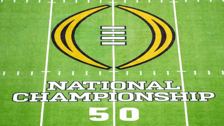 Jan 8, 2024; Houston, TX, USA; The 2024 CFP logo on the field before the 2024 College Football Playoff national championship game between the Michigan Wolverines and the Washington Huskies at NRG Stadium. Mandatory Credit: Kirby Lee-USA TODAY Sports