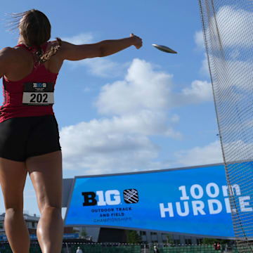 Kalynn Meyer of Nebraska wins the women's discus throw at 191-3 (58.29m) during the Big Ten Championships at Hayward Field.
