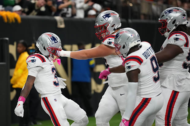 Oct 12, 2025; New Orleans, Louisiana, USA; New England Patriots wide receiver Demario Douglas (3) celebrates a touchdown with