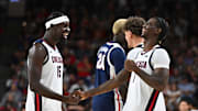 Gonzaga Bulldogs forward Graham Ike (15) high fives Gonzaga Bulldogs Tyon Grant-Foster (7) during Numerica Kraziness in the Kennel.