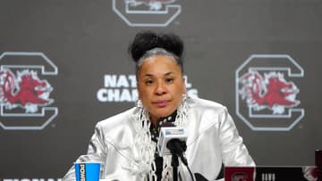 Apr 7, 2024; Cleveland, OH, USA; South Carolina Gamecocks head coach Dawn Staley speaks in a press conference after defeating the Iowa Hawkeyes in the finals of the Final Four of the womens 2024 NCAA Tournament at Rocket Mortgage FieldHouse. Mandatory Credit: Kirby Lee-USA TODAY Sports