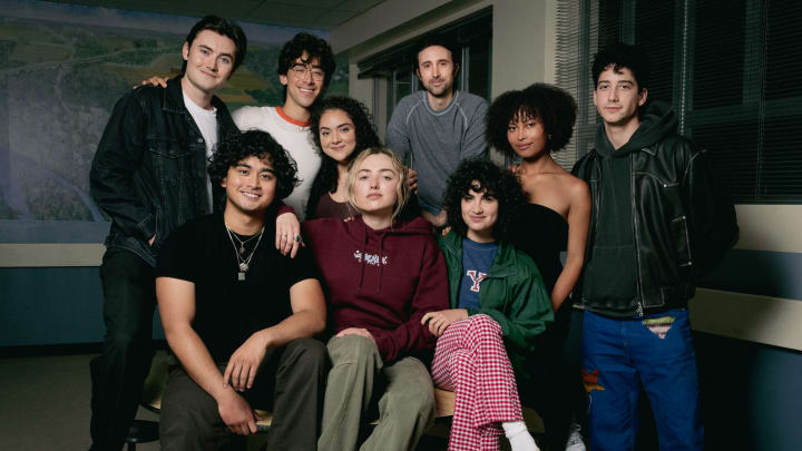 L-R: Spencer Macpherson, Kristian Ventura, Nick Pugliese, Kiara Pichardo, Peyton List, Josh Zuckerman, Sarah Yarkin, Rainbow Wedell and Milo Manheim in School Spirits, Season 2, streaming on Paramount+, 2024. Photo Credit: Ed Araquel/Paramount+.