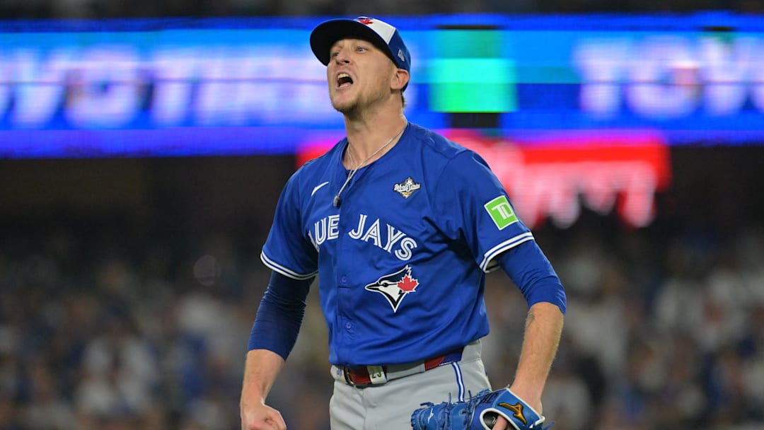 Oct 27, 2025; Los Angeles, California, USA; Toronto Blue Jays pitcher Jeff Hoffman (23) reacts in the tenth inning against the Los Angeles Dodgers during game three of the 2025 MLB World Series at Dodger Stadium. 