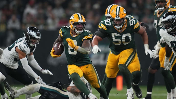 Sep 6, 2024; Sao Paulo, BRA; Green Bay Packers running back Josh Jacobs (8) runs during the second half against the Philadelphia Eagles at Neo Quimica Arena. Mandatory Credit: Kirby Lee-Imagn Images