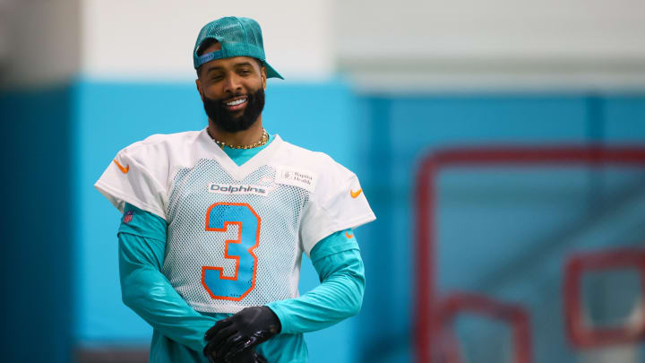 Jun 5, 2024; Miami Gardens, FL, USA; Miami Dolphins wide receiver Odell Beckham Jr. (3) looks on during mandatory minicamp at Baptist Health Training Complex. Mandatory Credit: Sam Navarro-USA TODAY Sports